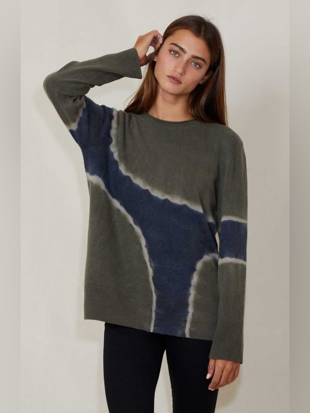✨RAQUEL ALLEGRA✨BOYFRIEND CASHMERE CREW SWEATER - MOSS TIE DYE
